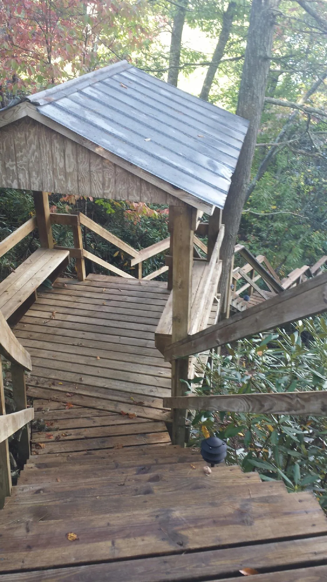 Metal roofed shelter over wooden steps on a wooded walkway — Skylight Repair & Installation work by our crew in Newman Grove